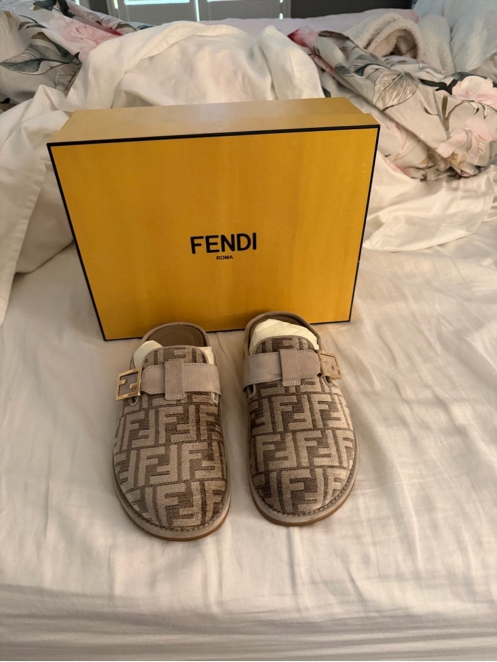 Fendi Beige FF Logo Slip-On Mules with Gold Buckle